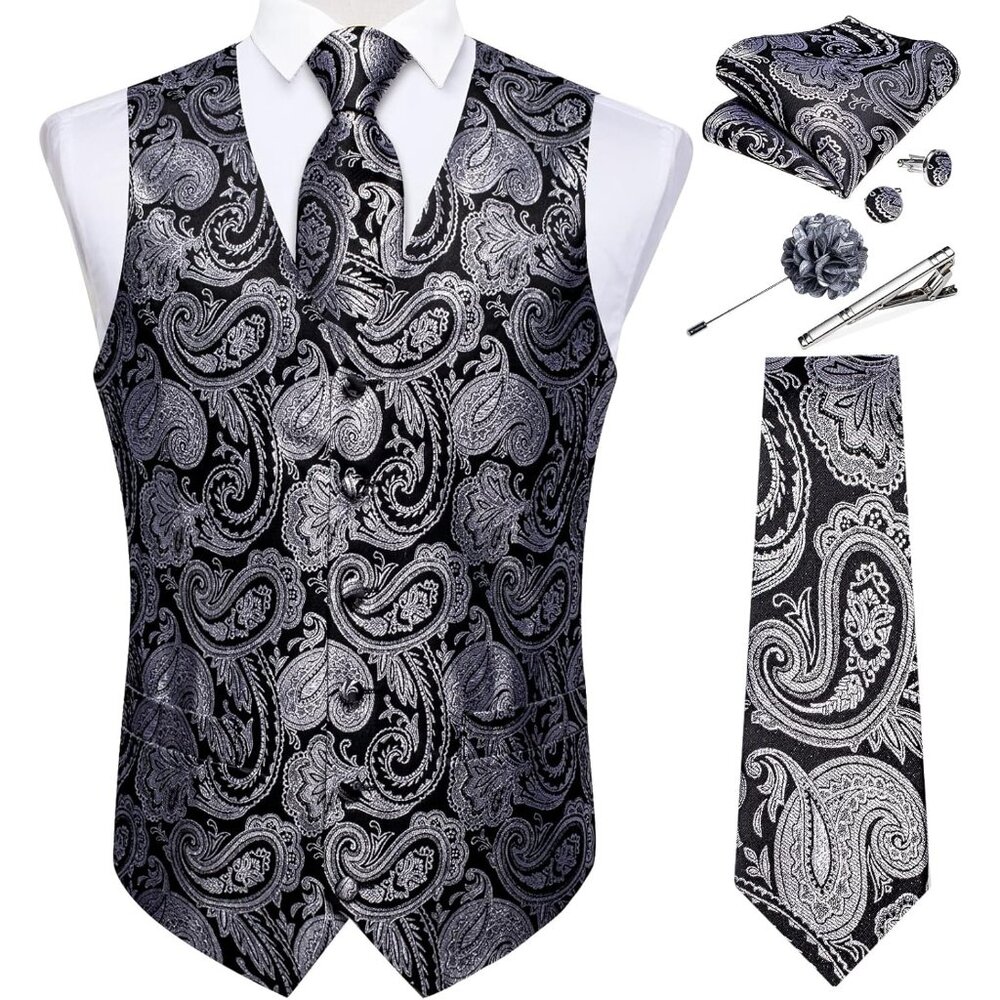 Mens Vest and Tie Set -  Black and Silver Paisley